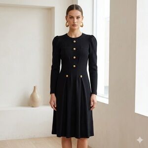 Vintage Adolfo New York Black Wool Gold Button Puff Sleeve Midi Dress - Medium